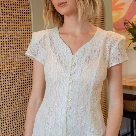 90s Lace Short Sleeve Button Front Ankle Length Dress - Picture 6 of 10